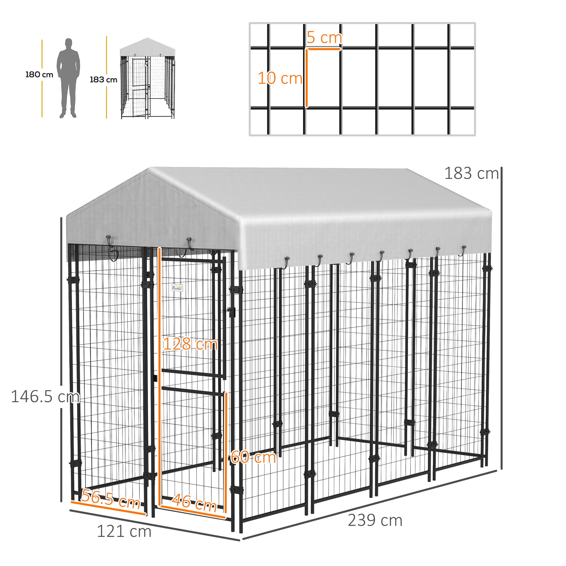 Outdoor Dog Kennel, Large Metal Dog Cage with Anti-UV Waterproof Roof and 2-Section Door, 239x121x183cm, Silver
