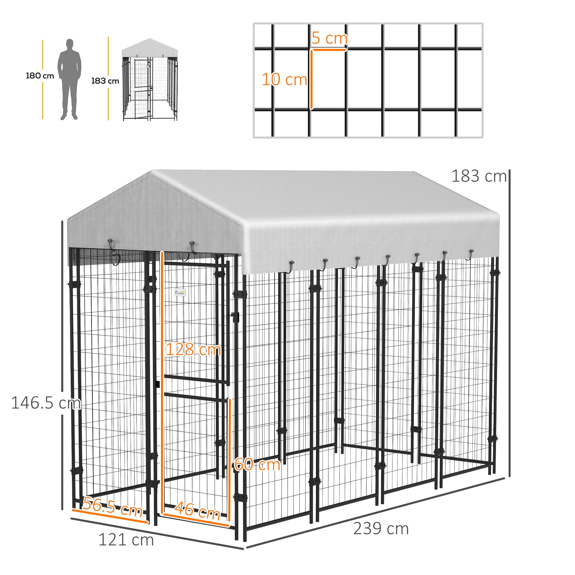 Outdoor Dog Kennel, Large Metal Dog Cage with Anti-UV Waterproof Roof and 2-Section Door, 239x121x183cm, Silver