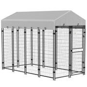 Outdoor Dog Kennel, Large Metal Dog Cage with Anti-UV Waterproof Roof and 2-Section Door, 239x121x183cm, Silver