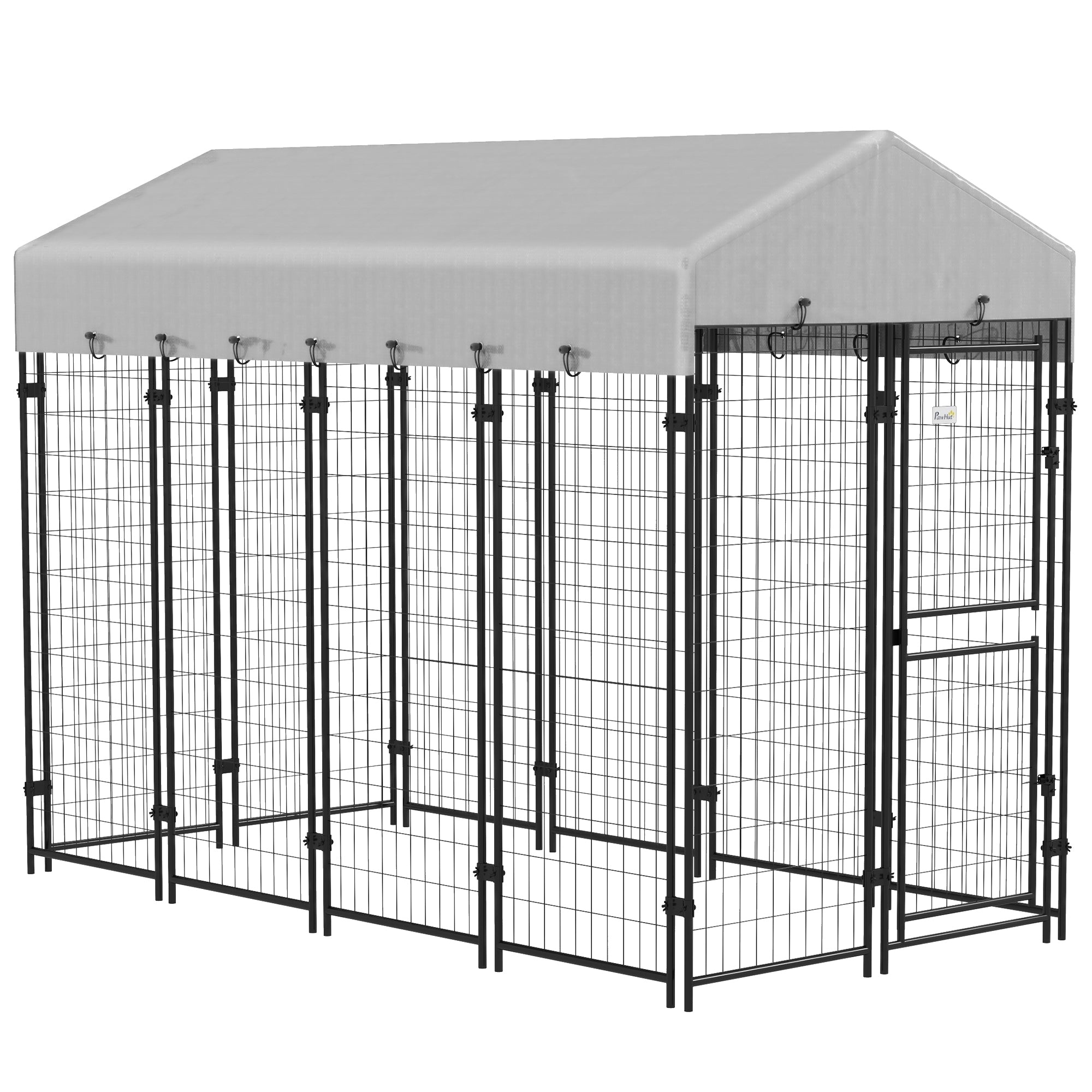 Outdoor Dog Kennel, Large Metal Dog Cage with Anti-UV Waterproof Roof and 2-Section Door, 239x121x183cm, Silver