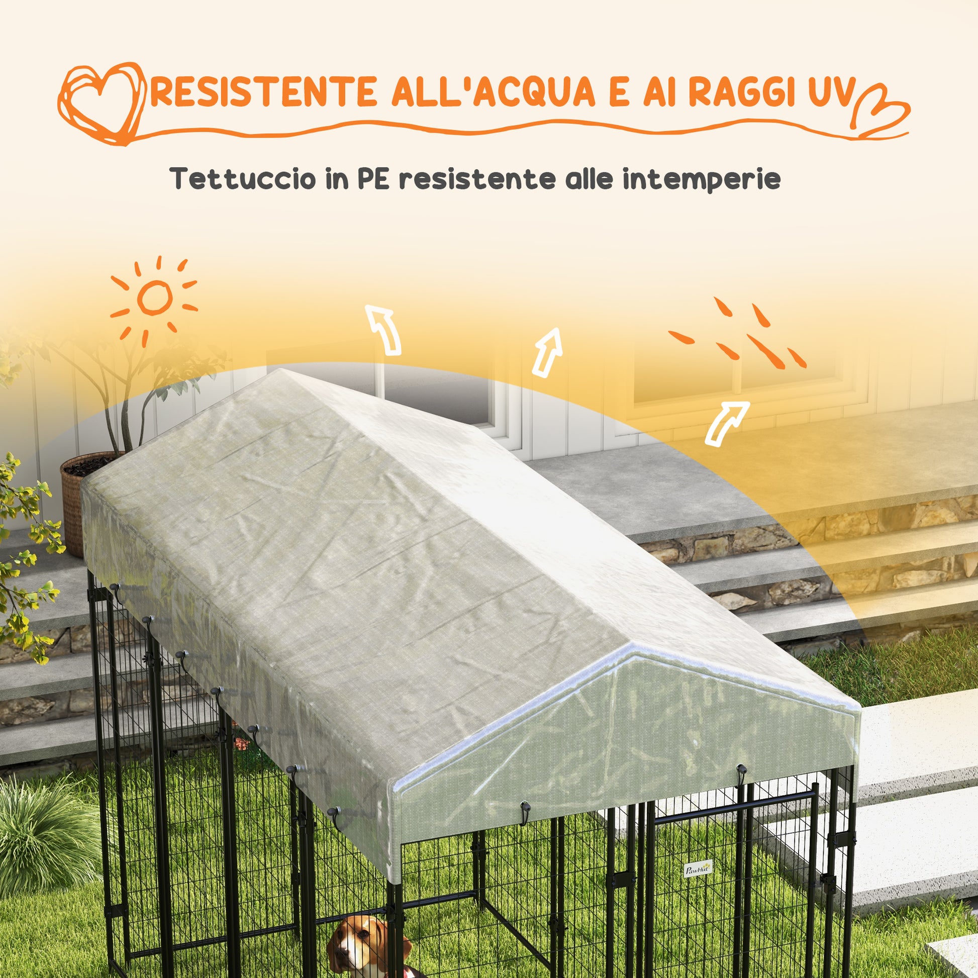 Outdoor Dog Kennel, Large Metal Dog Cage with Anti-UV Waterproof Roof and 2-Section Door, 239x121x183cm, Silver