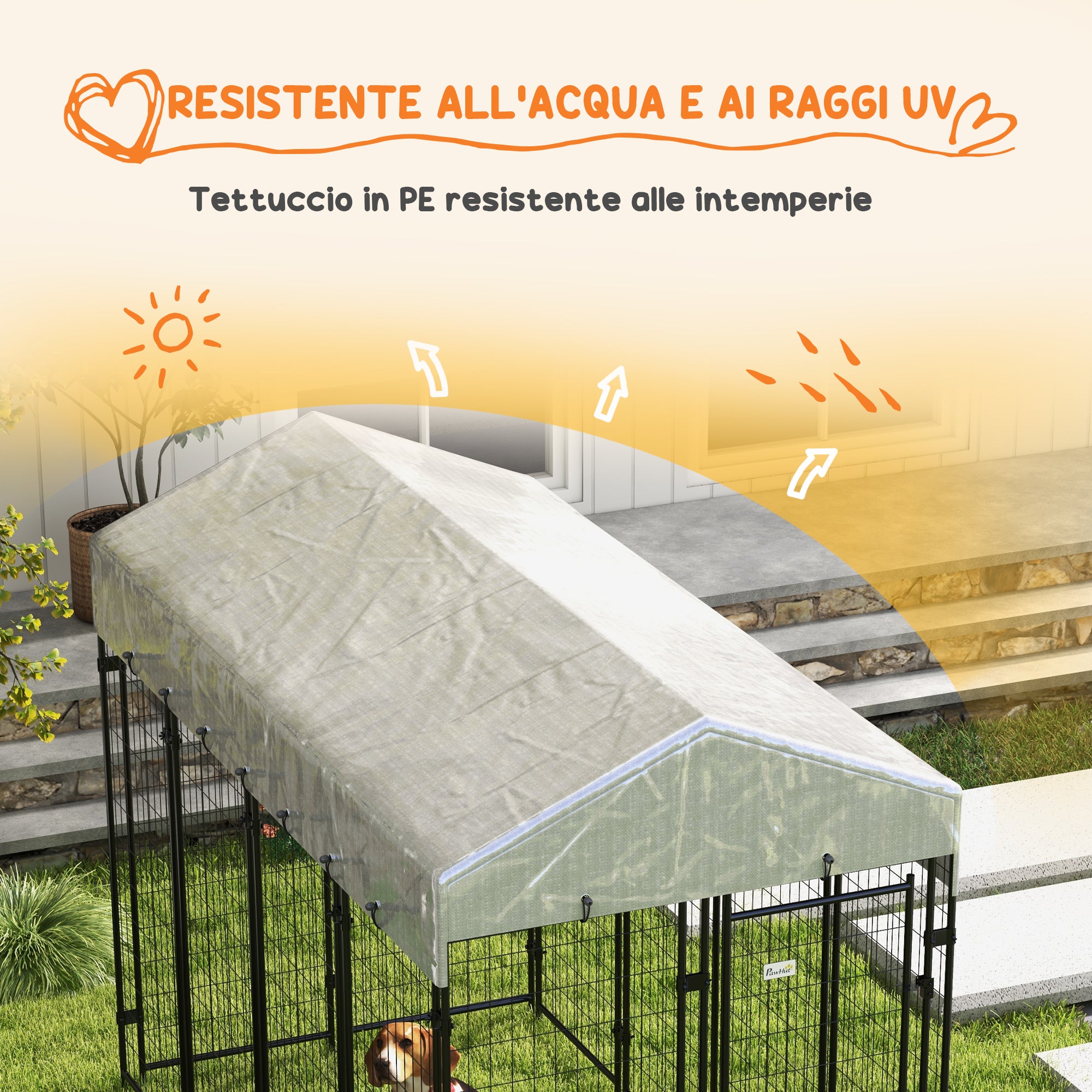 Outdoor Dog Kennel, Large Metal Dog Cage with Anti-UV Waterproof Roof and 2-Section Door, 239x121x183cm, Silver