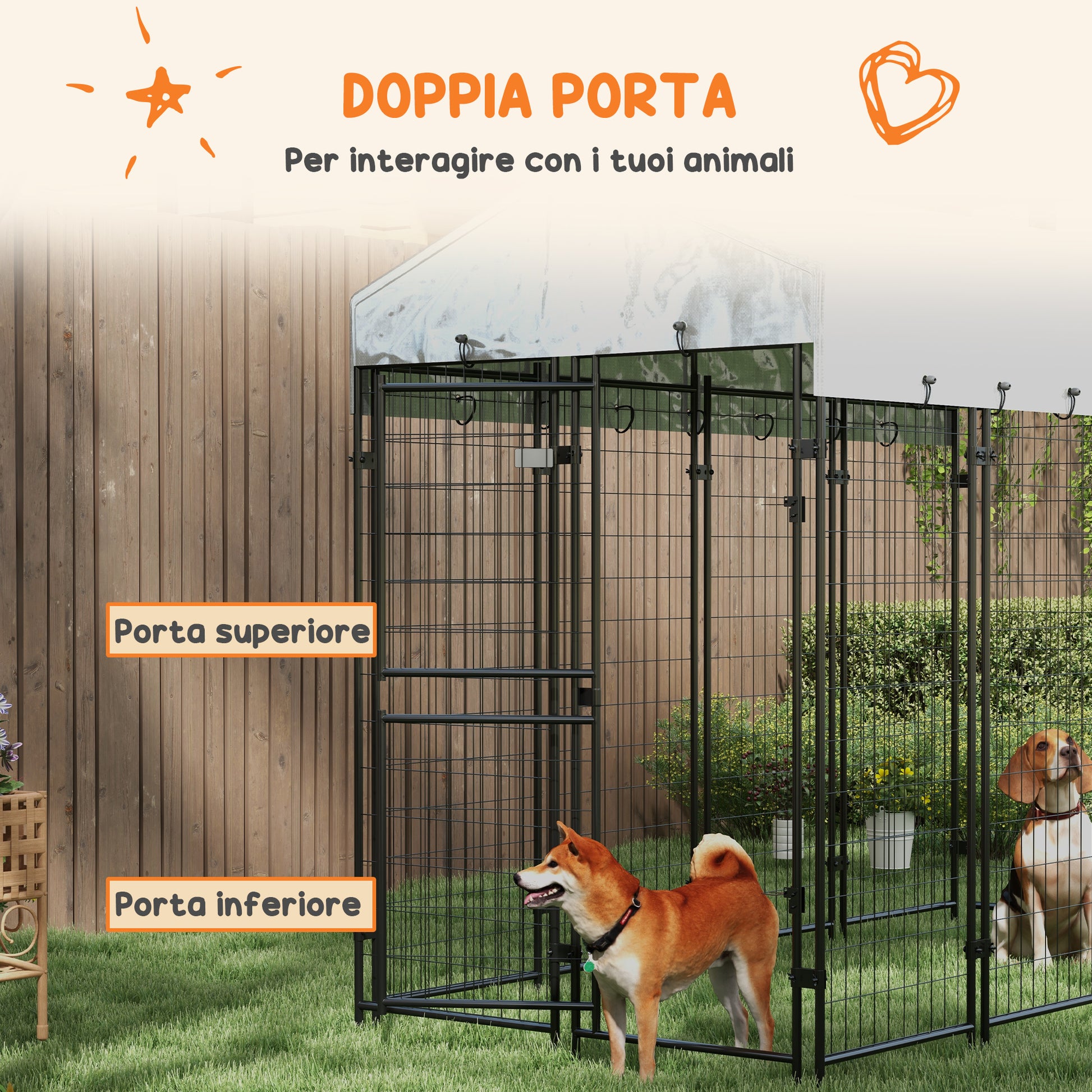Outdoor Dog Kennel, Large Metal Dog Cage with Anti-UV Waterproof Roof and 2-Section Door, 239x121x183cm, Silver