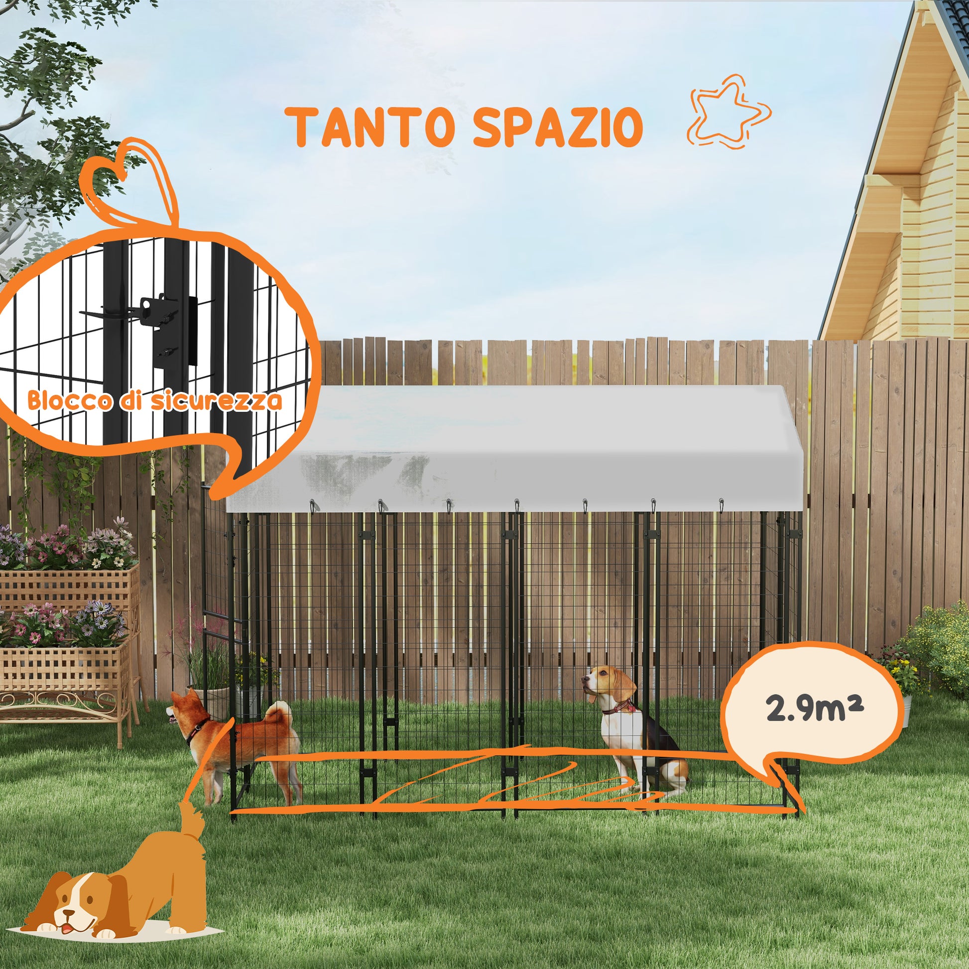 Outdoor Dog Kennel, Large Metal Dog Cage with Anti-UV Waterproof Roof and 2-Section Door, 239x121x183cm, Silver