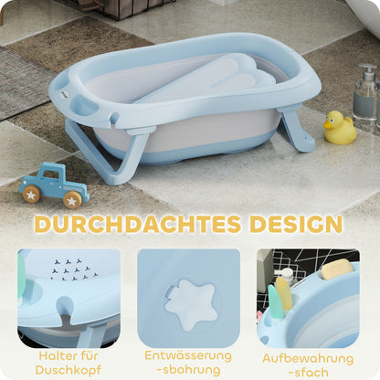 Baby Bathtub Foldable Baby Tub with Stand Drainage and Shower Holes Seat Mat Portable Non-Slip Baby Bath, Bathing Tub, Shower Tray for Newborns 0 to 24 Months
