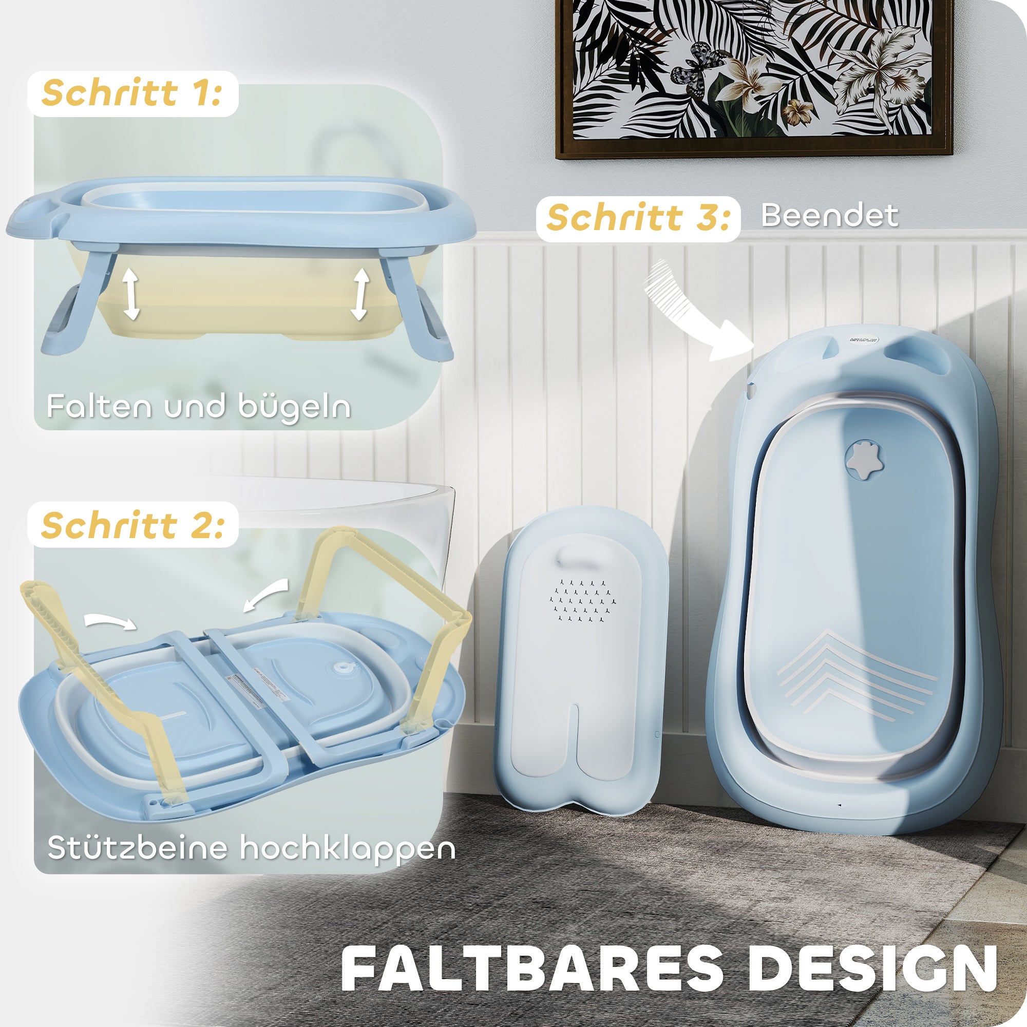 Baby Bathtub Foldable Baby Tub with Stand Drainage and Shower Holes Seat Mat Portable Non-Slip Baby Bath, Bathing Tub, Shower Tray for Newborns 0 to 24 Months