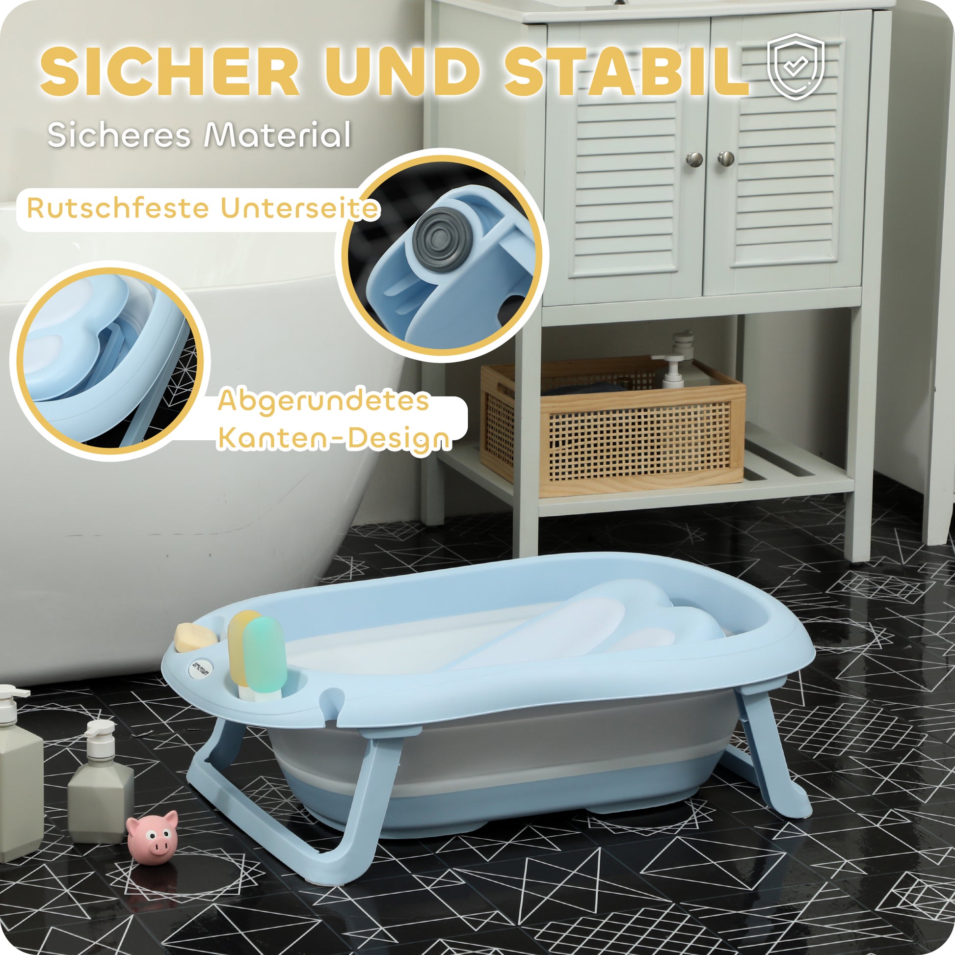 Baby Bathtub Foldable Baby Tub with Stand Drainage and Shower Holes Seat Mat Portable Non-Slip Baby Bath, Bathing Tub, Shower Tray for Newborns 0 to 24 Months