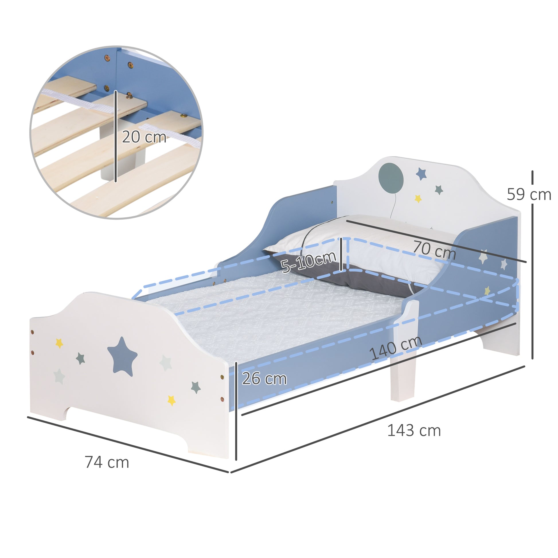 Children's Bed, Floor Bed for Children, 3 to 6 Years, 143 x 74 cm, Star Design, Slatted Bed Base Included, for a Children's Room, Blue White