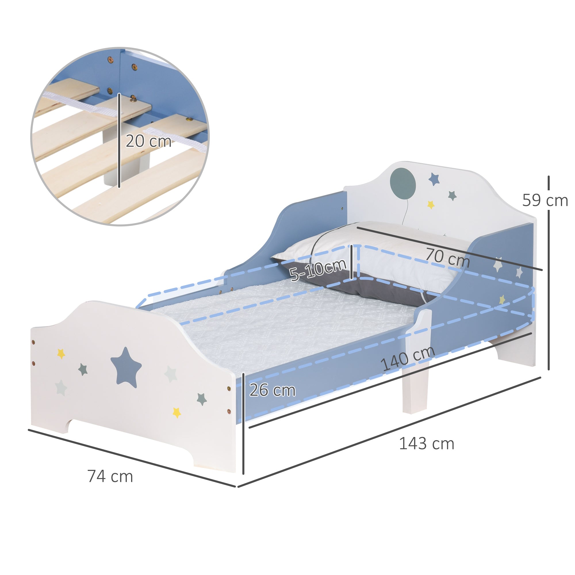 Children's Bed, Floor Bed for Children, 3 to 6 Years, 143 x 74 cm, Star Design, Slatted Bed Base Included, for a Children's Room, Blue White