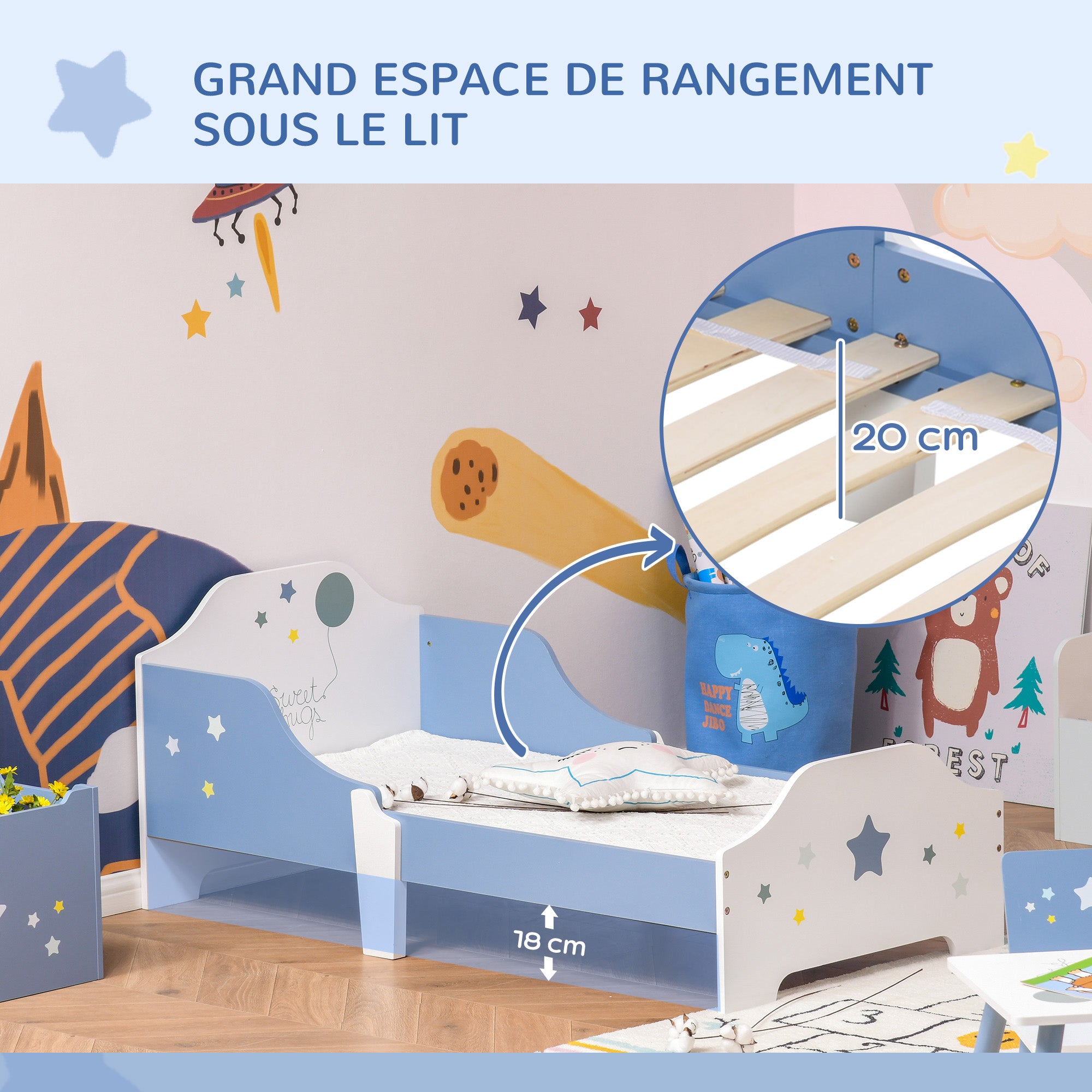 Children's Bed, Floor Bed for Children, 3 to 6 Years, 143 x 74 cm, Star Design, Slatted Bed Base Included, for a Children's Room, Blue White