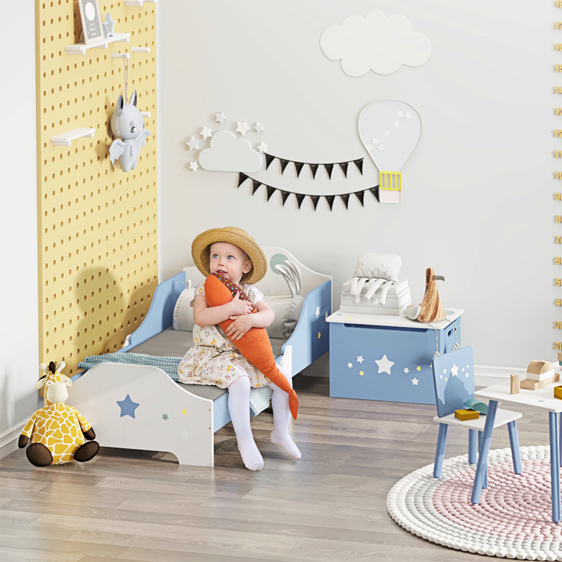 Children's Bed, Floor Bed for Children, 3 to 6 Years, 143 x 74 cm, Star Design, Slatted Bed Base Included, for a Children's Room, Blue White