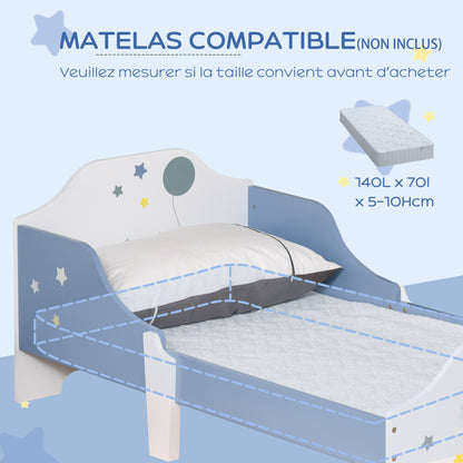 Children's Bed, Floor Bed for Children, 3 to 6 Years, 143 x 74 cm, Star Design, Slatted Bed Base Included, for a Children's Room, Blue White