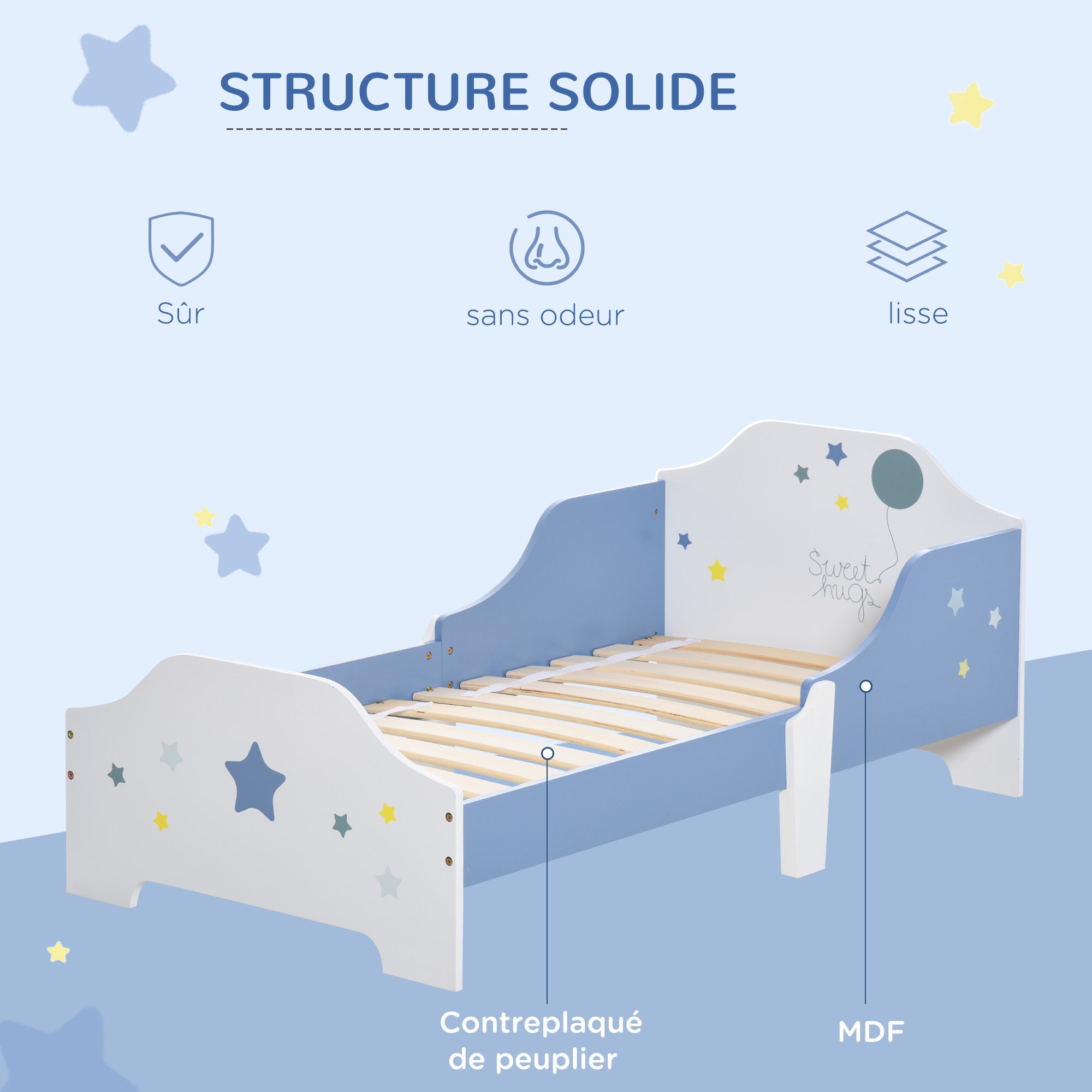 Children's Bed, Floor Bed for Children, 3 to 6 Years, 143 x 74 cm, Star Design, Slatted Bed Base Included, for a Children's Room, Blue White