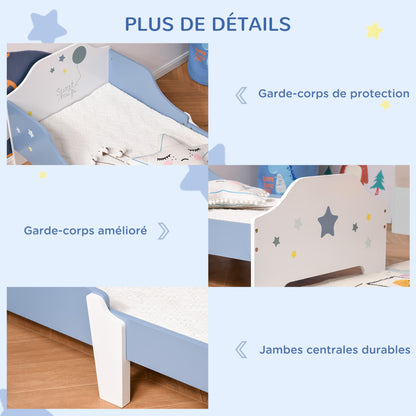 Children's Bed, Floor Bed for Children, 3 to 6 Years, 143 x 74 cm, Star Design, Slatted Bed Base Included, for a Children's Room, Blue White
