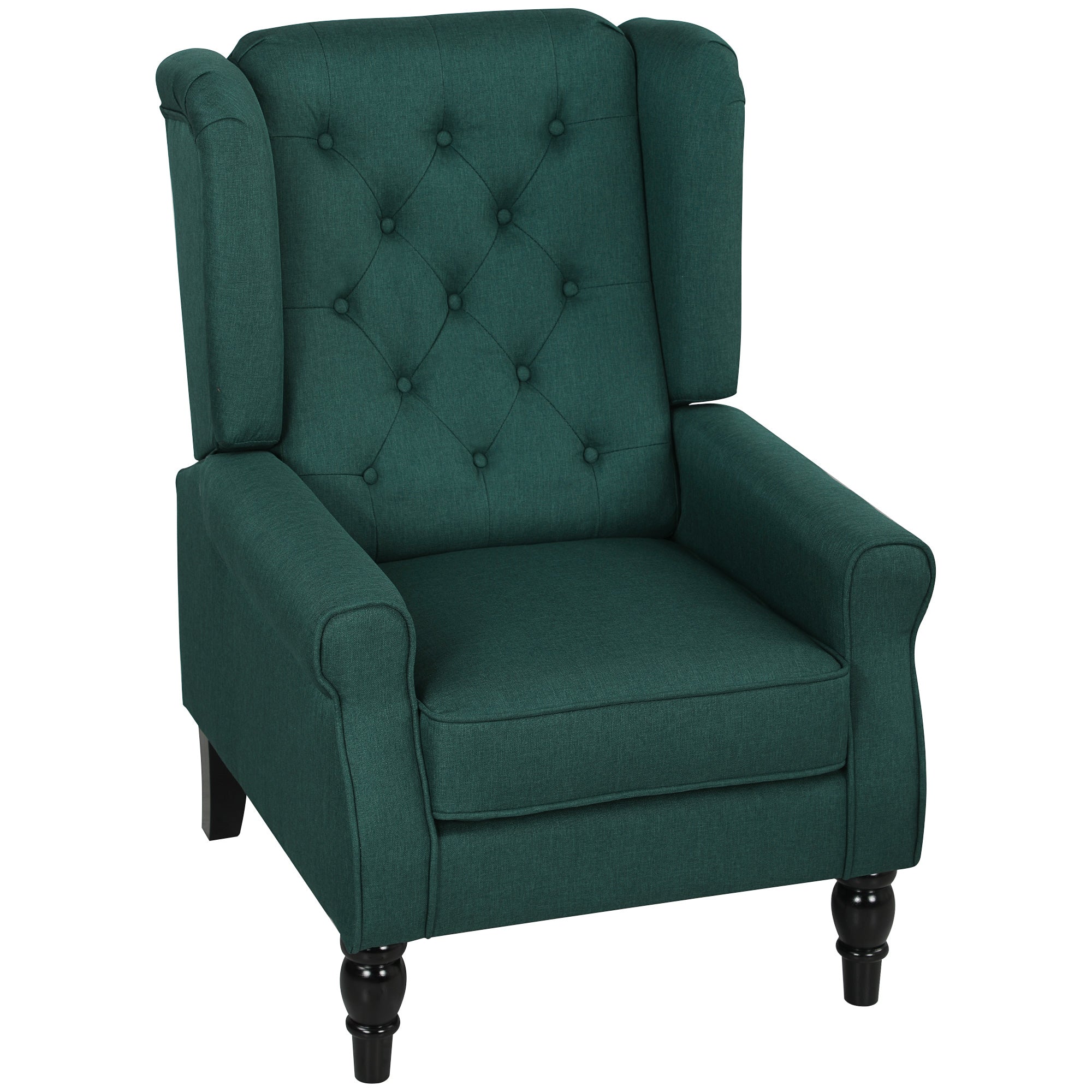Wingback Armchair with Armrests, Tufted High-Back Lounge Chair with Cushion, Eucalyptus Wood Legs, Dark Green
