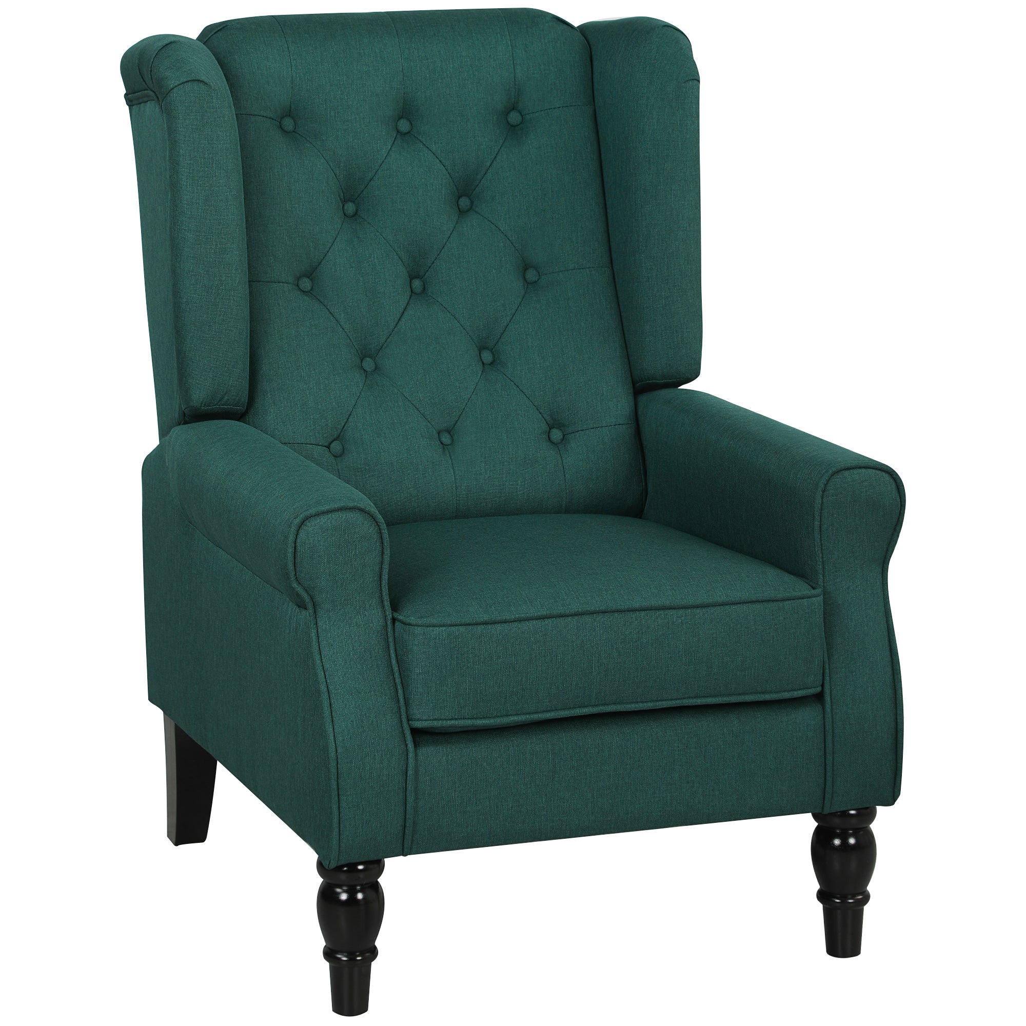 Wingback Armchair with Armrests, Tufted High-Back Lounge Chair with Cushion, Eucalyptus Wood Legs, Dark Green
