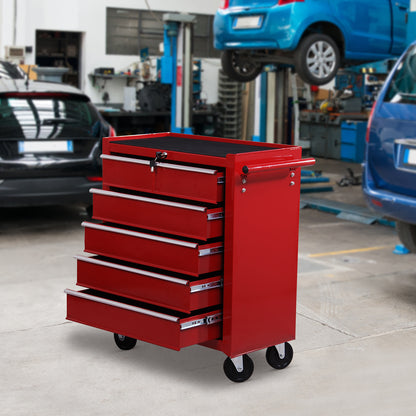 Mobile Workshop Tool Chest Cart with 5 Drawers 4 Wheels Red Steel Plate