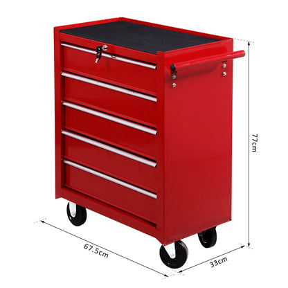 Mobile Workshop Tool Chest Cart with 5 Drawers 4 Wheels Red Steel Plate