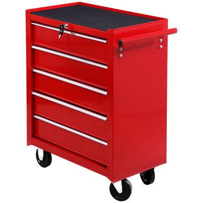 Mobile Workshop Tool Chest Cart with 5 Drawers 4 Wheels Red Steel Plate