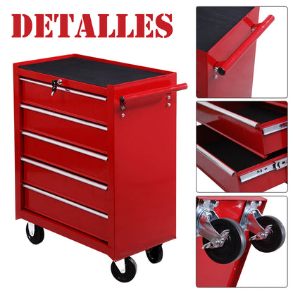 Mobile Workshop Tool Chest Cart with 5 Drawers 4 Wheels Red Steel Plate