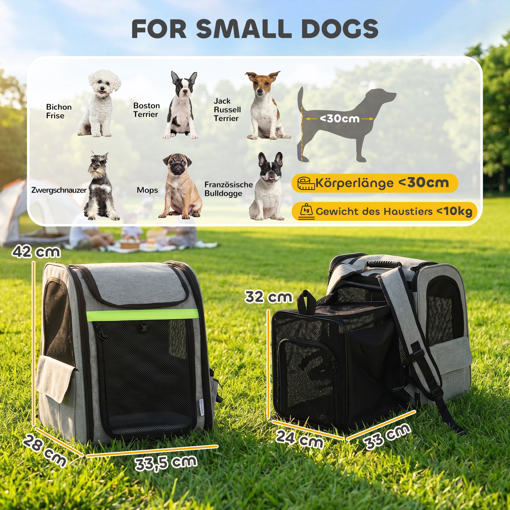 Expandable Dog Carrier with Door, 33.5 x 28 x 42 cm (13.2 x 11.0 x 16.5 in) – 5 Pockets, Reflective Stripe, Carrier for Cats & Dogs up to 10 kg (22 lb) – Light Gray