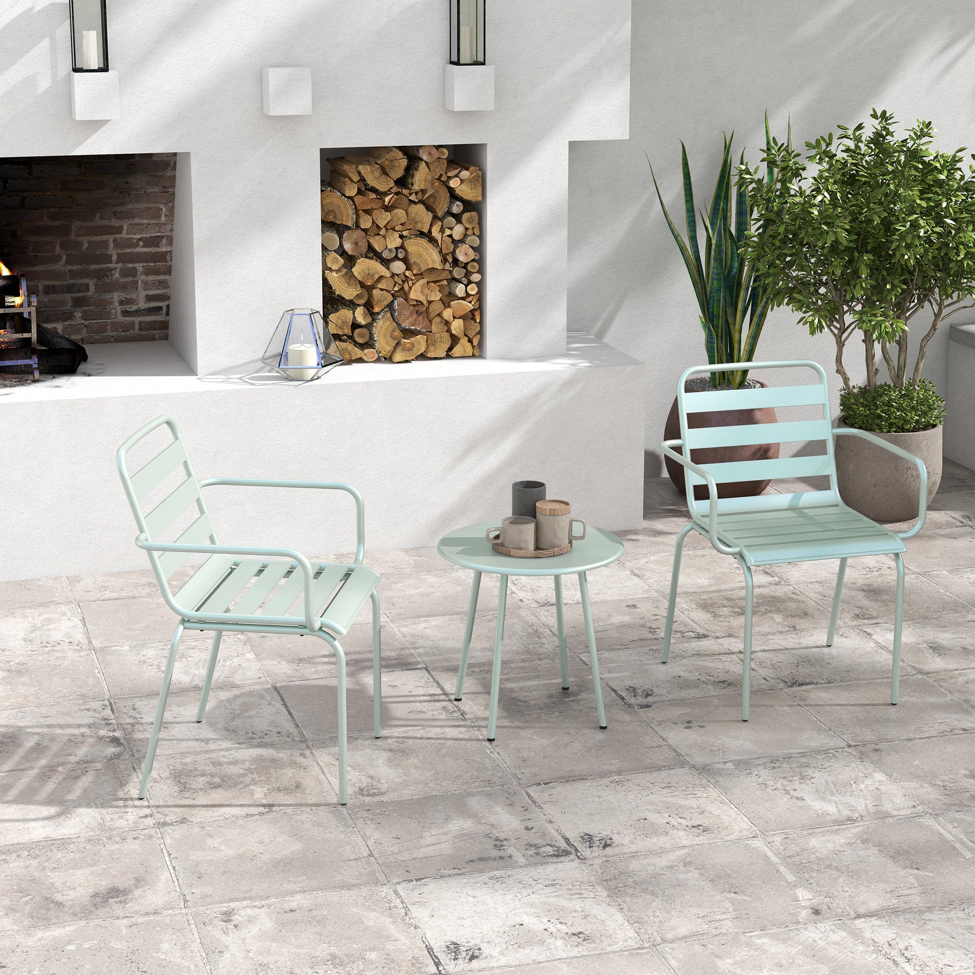 3 Piece Bistro Set Garden Furniture Set with 1 Coffee Table, 2 Stackable Chairs, Balcony Set, Seating Group for Balcony, Terrace, Steel, Green