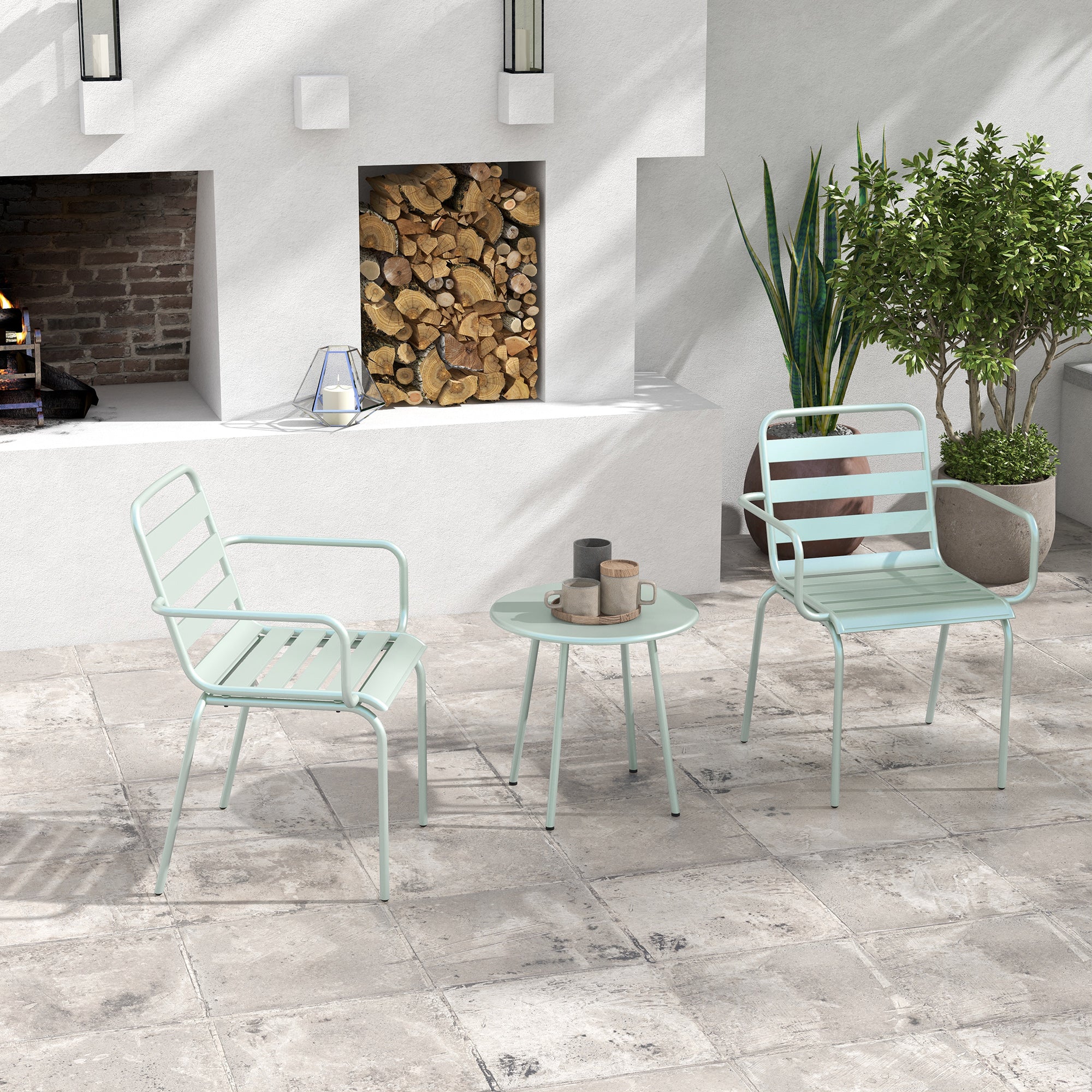 3 Piece Bistro Set Garden Furniture Set with 1 Coffee Table, 2 Stackable Chairs, Balcony Set, Seating Group for Balcony, Terrace, Steel, Green