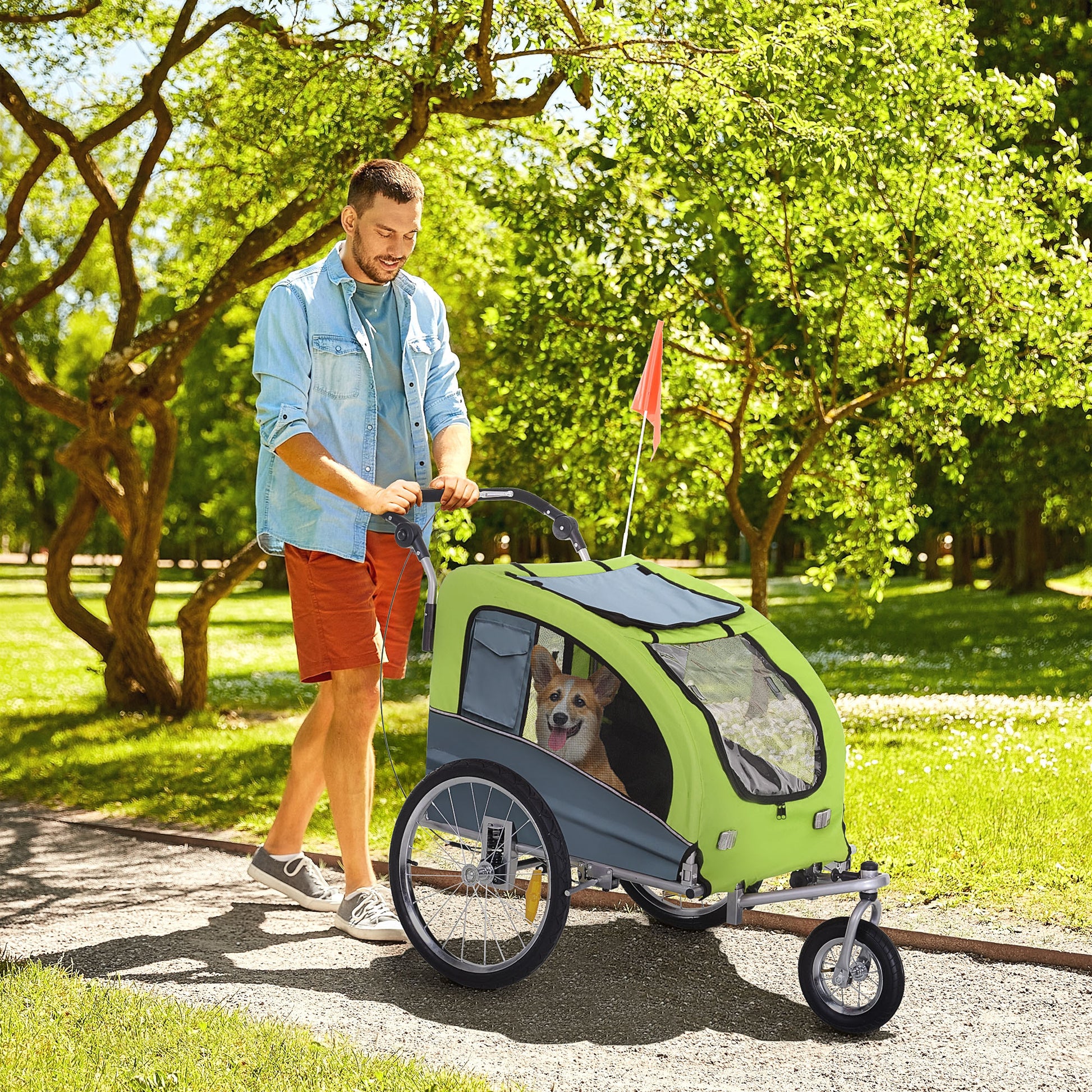 2-in-1 Dog Trailer, Bicycle Trailer for Dogs, Pet Wagon with Reflectors, Flag, Dog Bike Trailer Pet Buggy, Oxford Fabric, Green