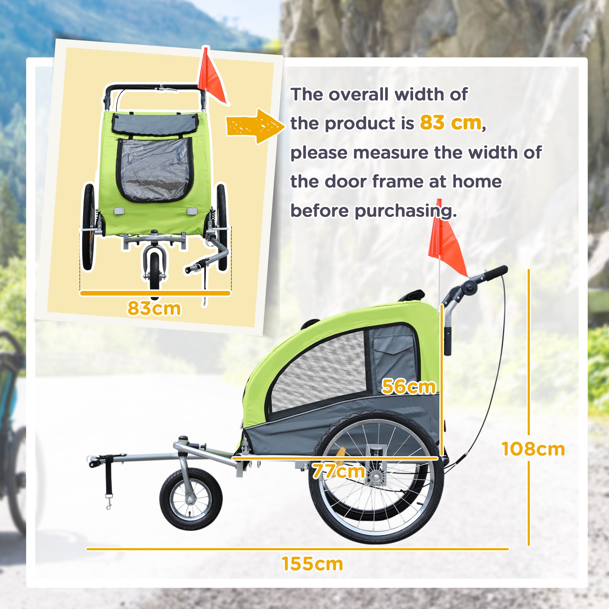 2-in-1 Dog Trailer, Bicycle Trailer for Dogs, Pet Wagon with Reflectors, Flag, Dog Bike Trailer Pet Buggy, Oxford Fabric, Green