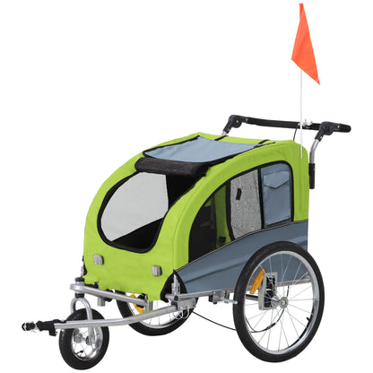 2-in-1 Dog Trailer, Bicycle Trailer for Dogs, Pet Wagon with Reflectors, Flag, Dog Bike Trailer Pet Buggy, Oxford Fabric, Green