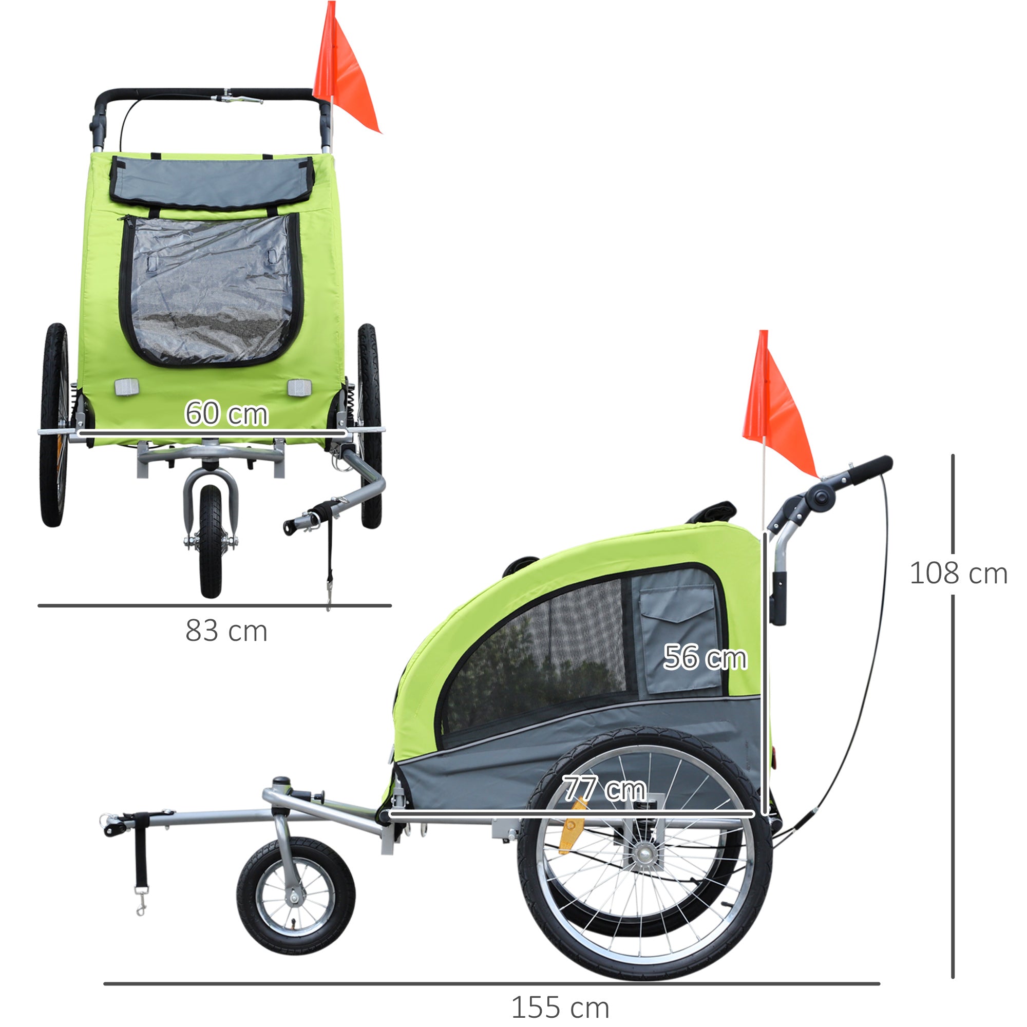2-in-1 Dog Trailer, Bicycle Trailer for Dogs, Pet Wagon with Reflectors, Flag, Dog Bike Trailer Pet Buggy, Oxford Fabric, Green