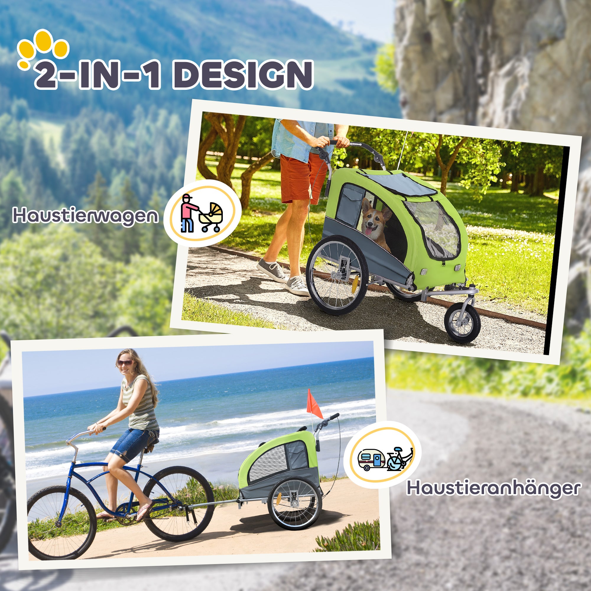 2-in-1 Dog Trailer, Bicycle Trailer for Dogs, Pet Wagon with Reflectors, Flag, Dog Bike Trailer Pet Buggy, Oxford Fabric, Green