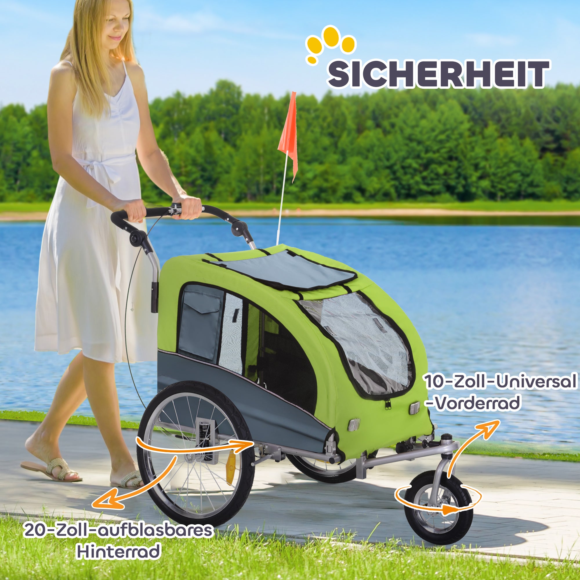 2-in-1 Dog Trailer, Bicycle Trailer for Dogs, Pet Wagon with Reflectors, Flag, Dog Bike Trailer Pet Buggy, Oxford Fabric, Green