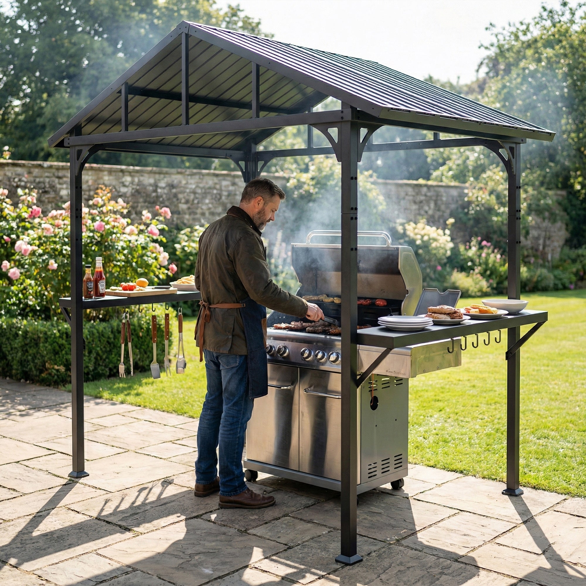 BBQ Shelter Gazebo 252 x 156 x 248 cm Steel Hard Top with 2 Side Shelves & Hooks — Outdoor Grill Canopy for Patio, Garden, Yard, Black