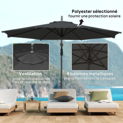 Foldable Octagonal Offset Garden Parasol with Cross Stand - 3m Diameter - Black