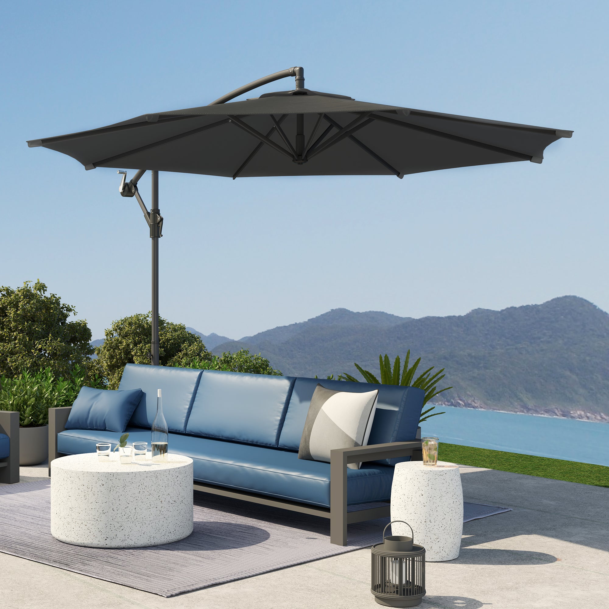 Foldable Octagonal Offset Garden Parasol with Cross Stand - 3m Diameter - Black