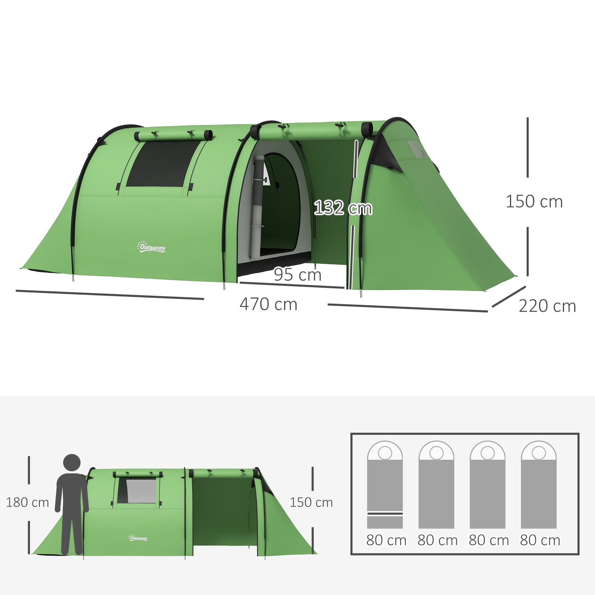 3–4 Person Waterproof Family Tent with Separate Bedroom & Living Area, 3000 mm Hydrostatic Head, Dark Green