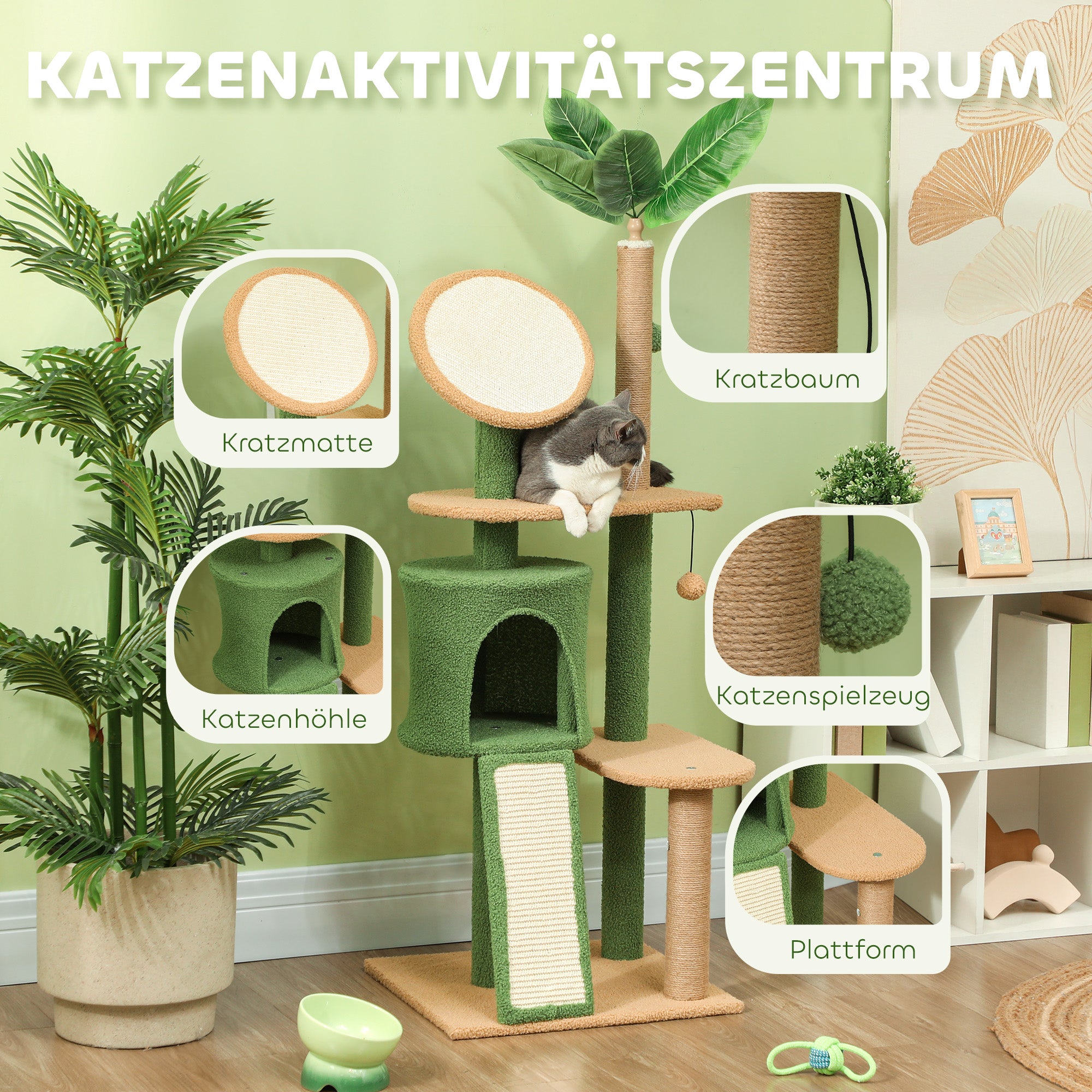 Cat Tree 139 cm Cat Scratching Post with Cat Cave, Play Ball, Cat Scratching Tree with Sisal Scratching Posts, for Cats up to 5 kg, Green