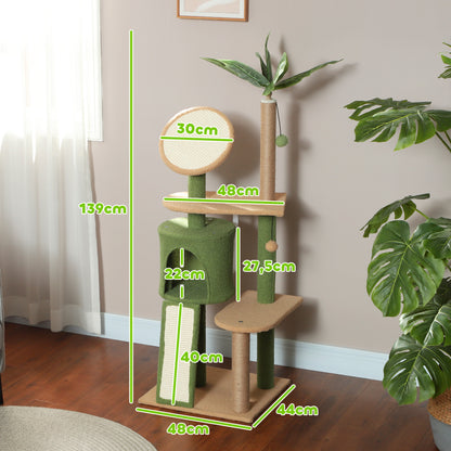 Cat Tree 139 cm Cat Scratching Post with Cat Cave, Play Ball, Cat Scratching Tree with Sisal Scratching Posts, for Cats up to 5 kg, Green