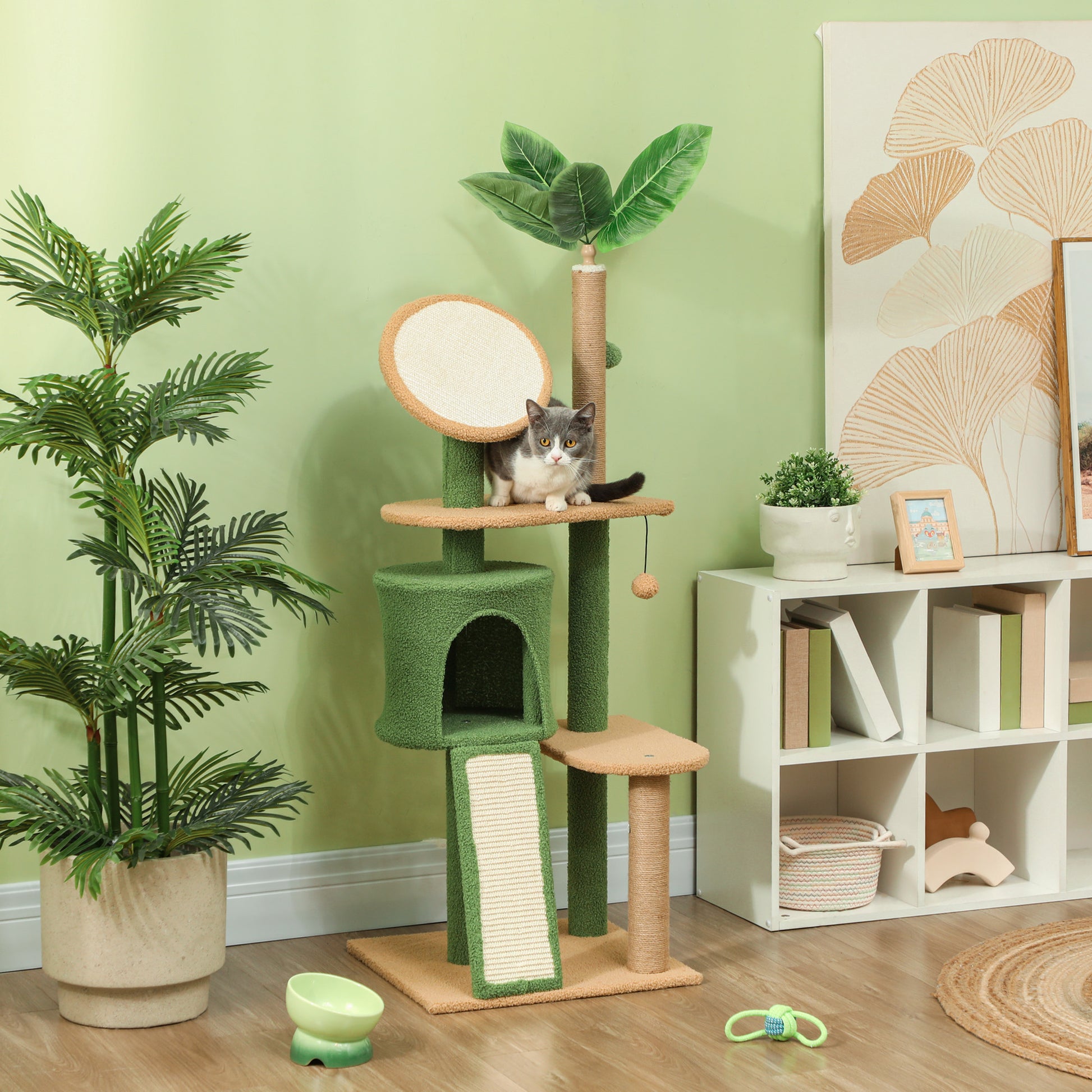 Cat Tree 139 cm Cat Scratching Post with Cat Cave, Play Ball, Cat Scratching Tree with Sisal Scratching Posts, for Cats up to 5 kg, Green