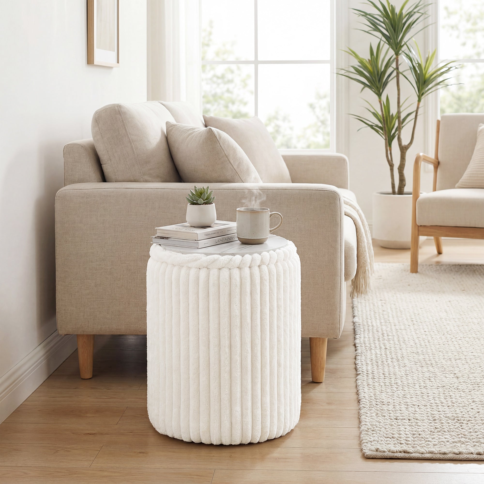 Storage Ottoman with Hidden Compartment — Round Ottoman with Reversible Multi-Function Lid, Marble-Effect Top, White Corduroy Upholstery, Modern Side Table for Living Room & Bedroom, 13.8 x 13.8 x 17.7 in (35 x 35 x 45 cm)