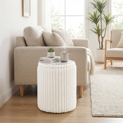 Storage Ottoman with Hidden Compartment — Round Ottoman with Reversible Multi-Function Lid, Marble-Effect Top, White Corduroy Upholstery, Modern Side Table for Living Room & Bedroom, 13.8 x 13.8 x 17.7 in (35 x 35 x 45 cm)