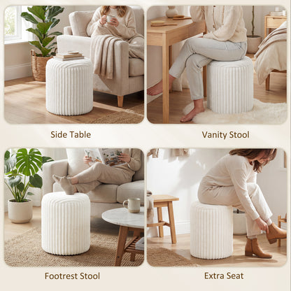 Storage Ottoman with Hidden Compartment — Round Ottoman with Reversible Multi-Function Lid, Marble-Effect Top, White Corduroy Upholstery, Modern Side Table for Living Room & Bedroom, 13.8 x 13.8 x 17.7 in (35 x 35 x 45 cm)