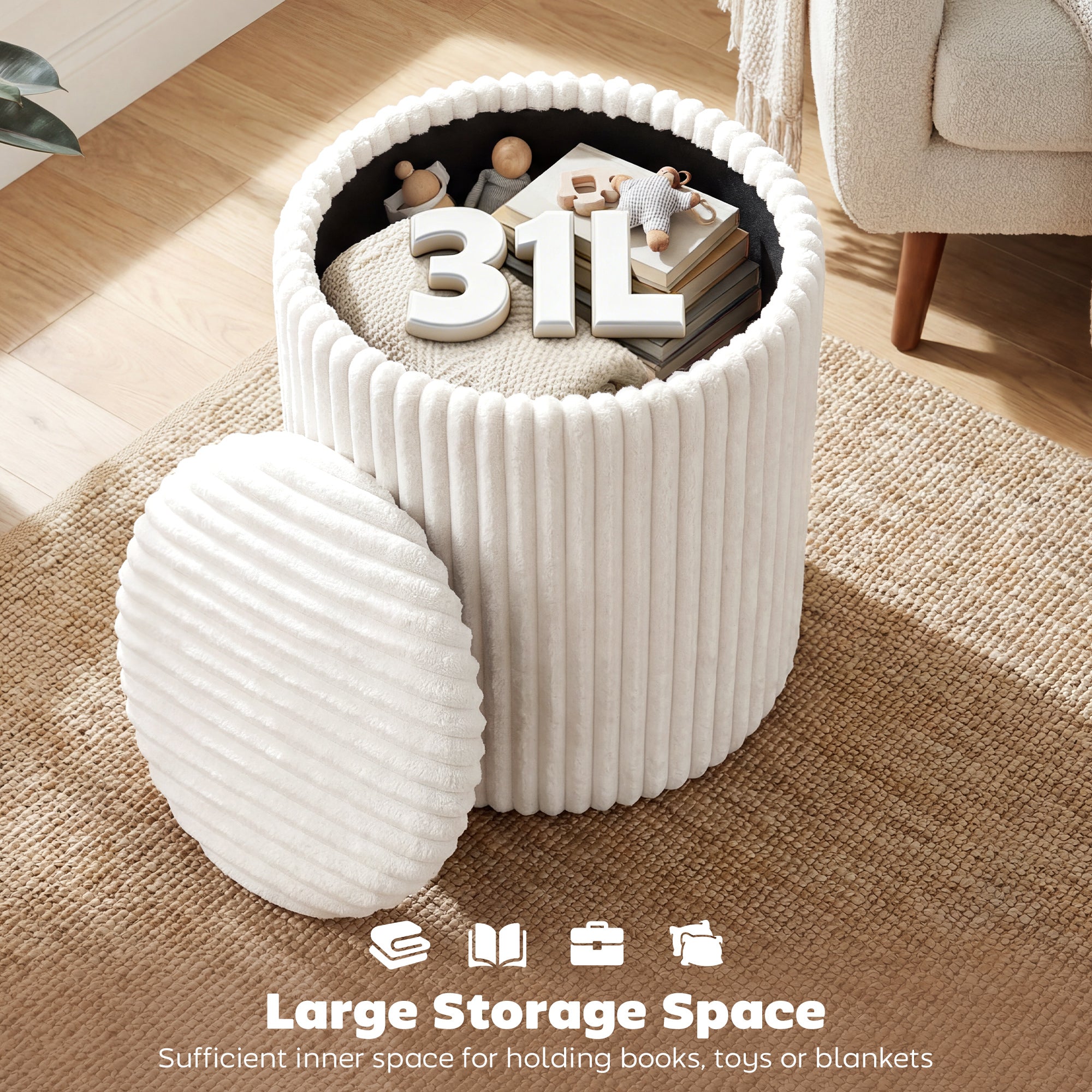 Storage Ottoman with Hidden Compartment — Round Ottoman with Reversible Multi-Function Lid, Marble-Effect Top, White Corduroy Upholstery, Modern Side Table for Living Room & Bedroom, 13.8 x 13.8 x 17.7 in (35 x 35 x 45 cm)