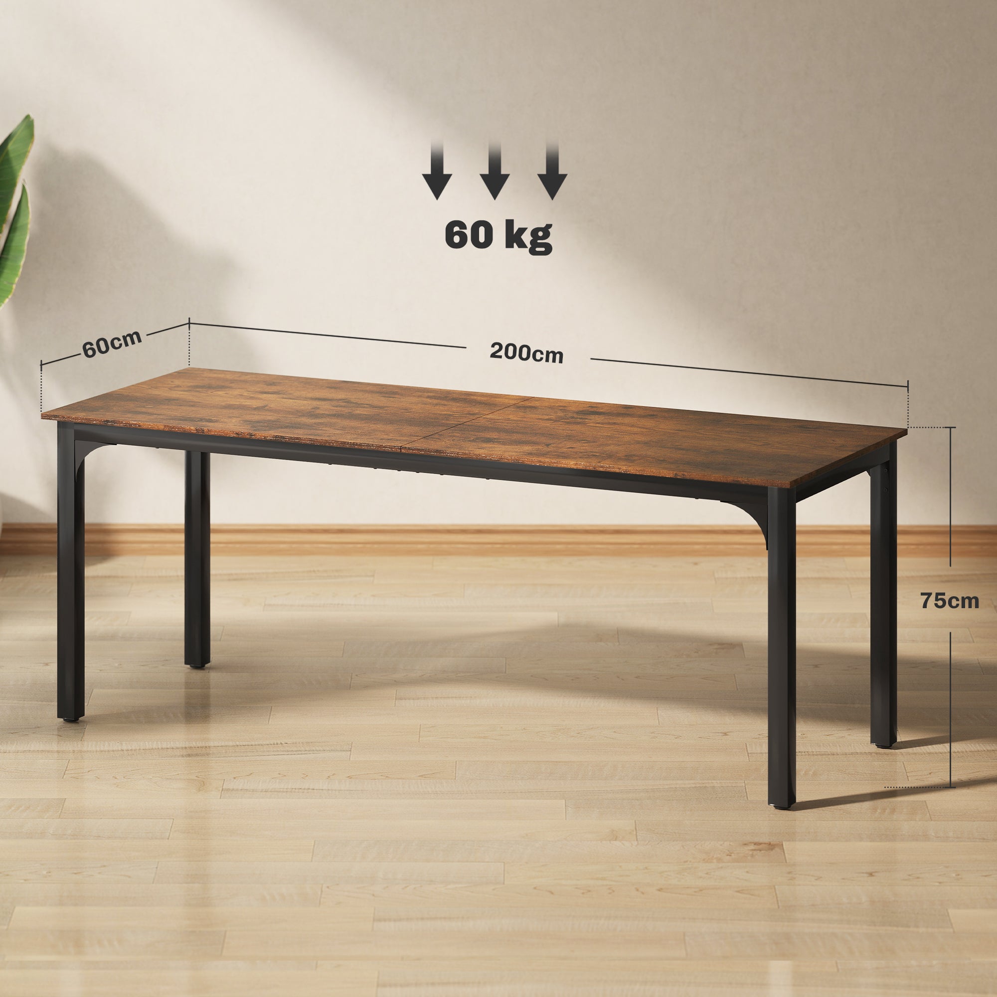 Computer Desk — Industrial-Style Steel Frame for Home Office/Bedroom, 200 x 60 x 75 cm (78.7 x 23.6 x 29.5 in), Rustic Brown