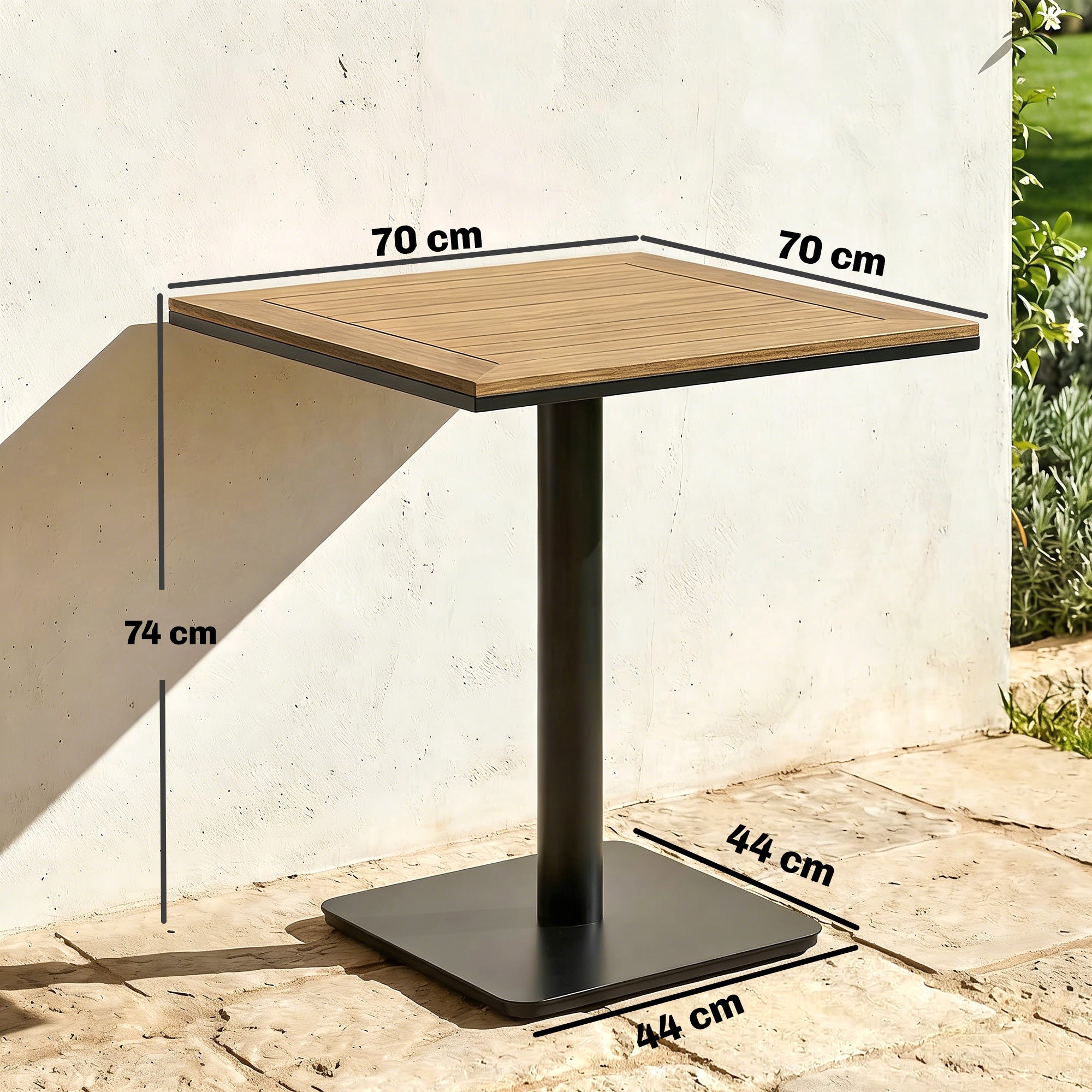 Square Balcony Table 70 x 70 cm (27.6 x 27.6 in) — 74 cm (29.1 in) High, Wood-Look WPC Top & Metal Frame, 30 kg (66 lb) Capacity — Natural Wood