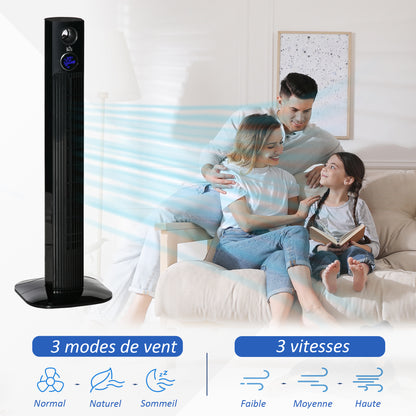 Quiet Tower Fan 45 W, Floor Fan for Bedroom 3 Modes 3 Speeds, Remote Control, 70° Oscillation, 12H Timer, LED Display, Suitable for Aromatherapy 96H cm Black