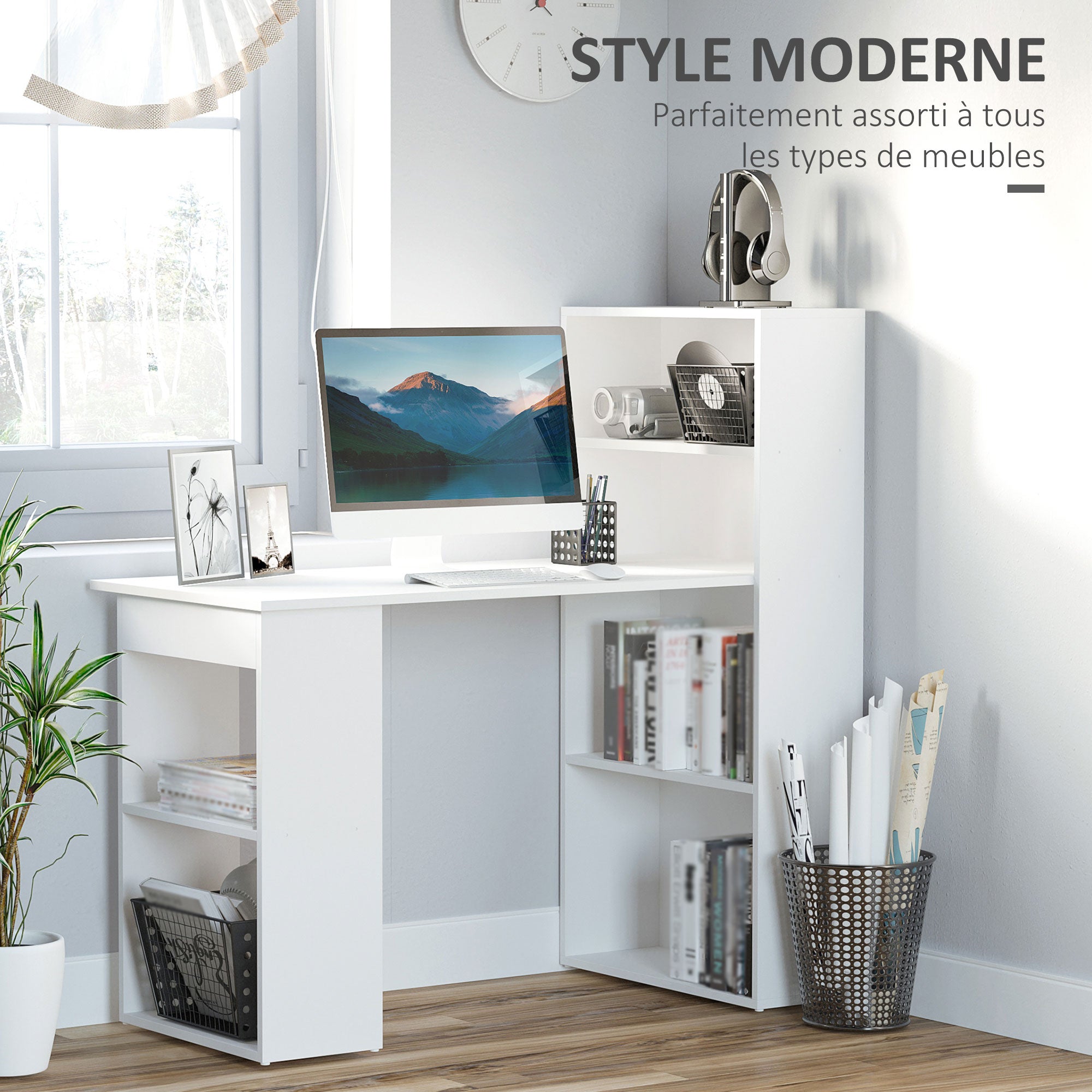 Computer Desk, Desk with Storage, 6 Open Compartments, Computer Table for Bedroom, Studio, 120 x 55 x 120 cm, White