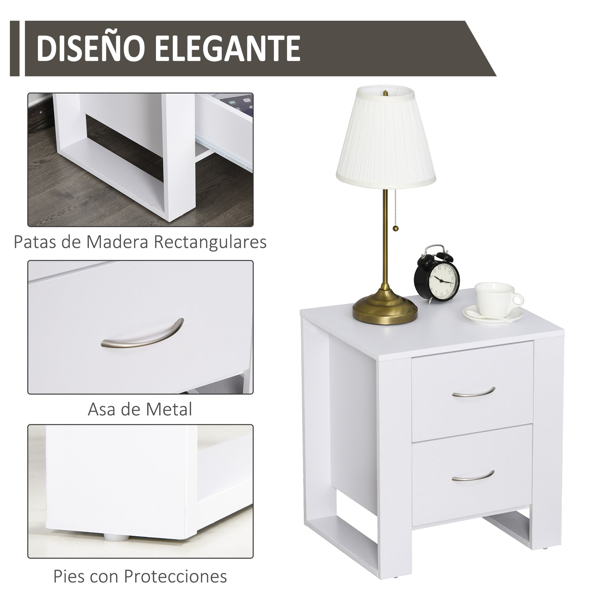 Nightstand with 2 Drawers Legs and Elevated Base for Bedroom Side Table for Living Room Modern Style 48x39x54 cm White