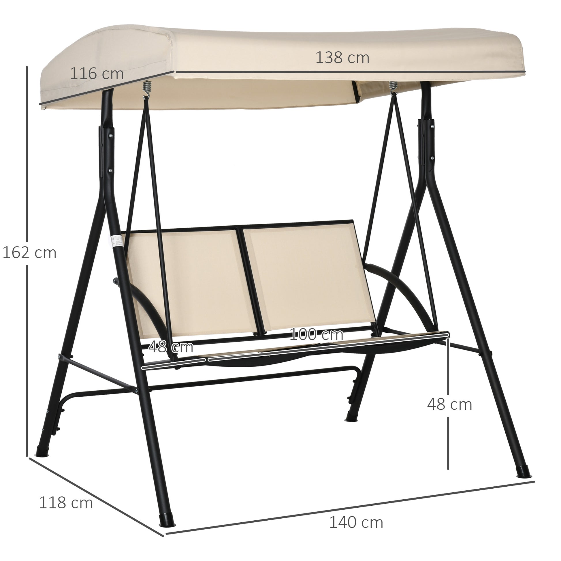 2-Seater Garden Swing with Adjustable Canopy and Texteline Seat, 140x118x162cm Beige